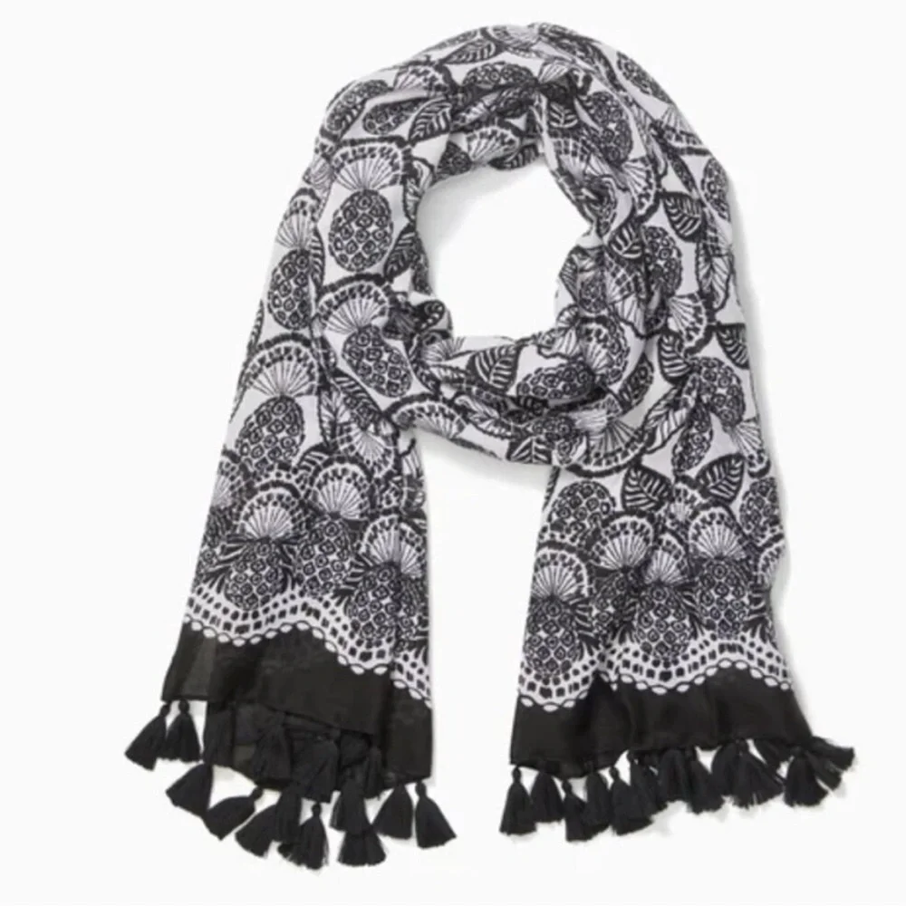Lilly Pulitzer Black and White Patterned Scarf with Tassels